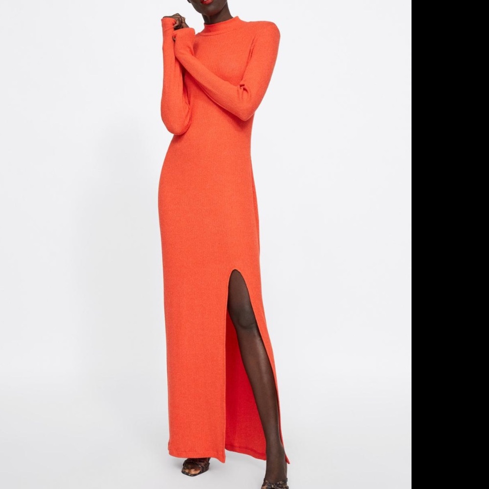 Zara Orange Long Sleeve Maxi Dress w/ Slit - L - NWT